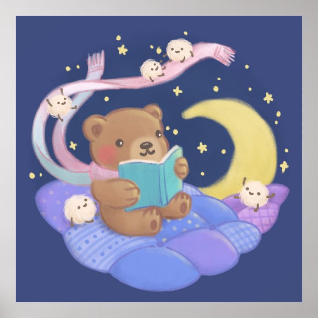 Teddy Bear Reading w/ Fluffy Monsters Illustration Poster (Front)