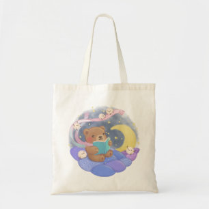 Teddy Bear Reading w/ Fluffy Monsters Illustration Tote Bag
