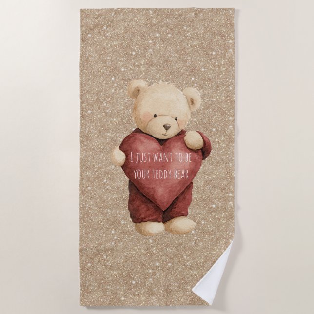 Teddy Bear Red Heart Gold Glitter Beach Towel (Front)