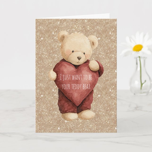 Teddy Bear Red Heart Gold Glitter Card (Small Plant)