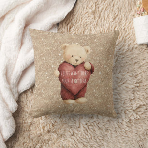 Teddy Bear Red Heart Gold Glitter Cushion