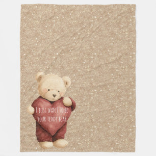 Teddy Bear Red Heart Gold Glitter Fleece Blanket