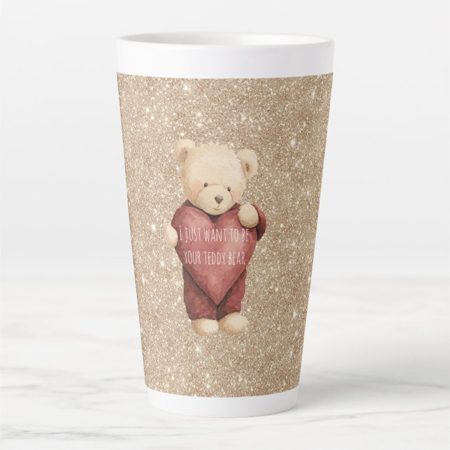 Teddy Bear Red Heart Gold Glitter Latte Mug (Front)
