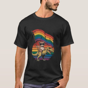 Teddy bear riding dinosaur waving rainbow flag T-Shirt