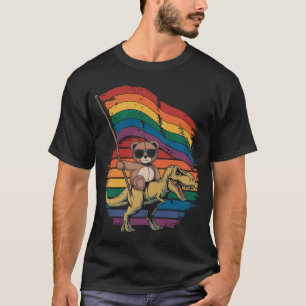Teddy bear riding dinosaur waving rainbow flag T-Shirt