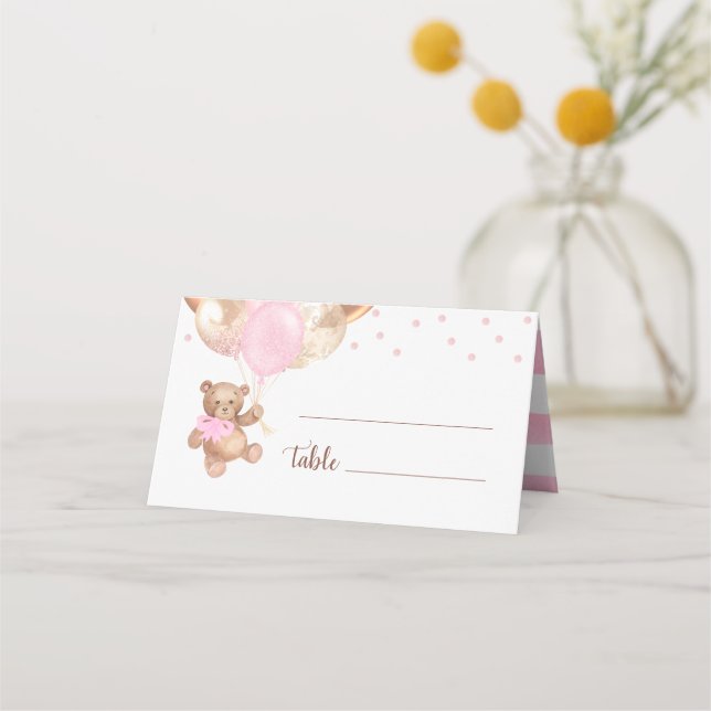 Teddy Bear Rose Gold Balloons Baby Shower Place Card (Front)