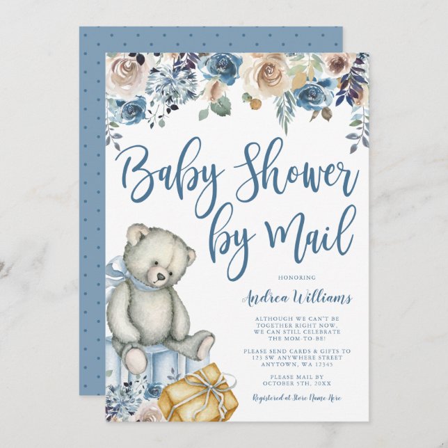 Teddy Bear Rustic Floral Boy Baby Shower by Mail Invitation (Front/Back)
