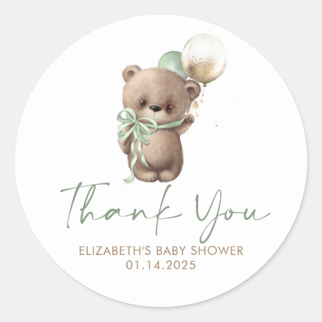 Teddy Bear Sage Brown Gold Baby Shower Thank You Classic Round Sticker (Front)