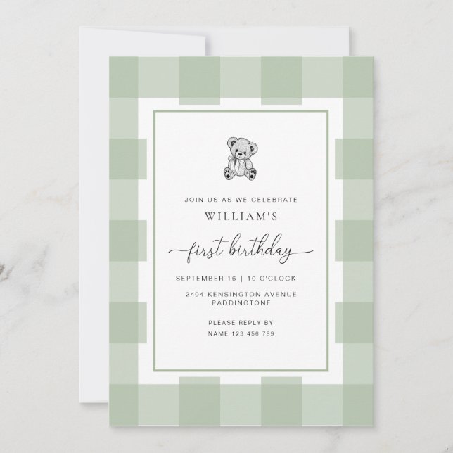 Teddy Bear Sage Gingham 1st Birthday Invitation (Front)