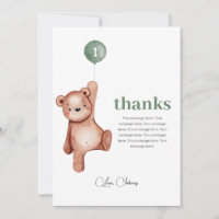 Teddy Bear Sage Gree First Birthday Thank You Card