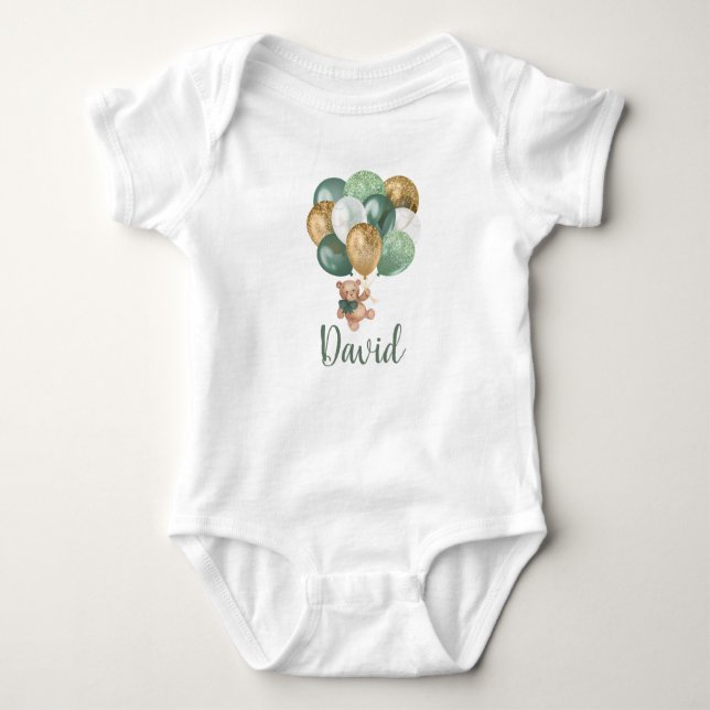 Teddy Bear Sage Green and Gold Balloons Baby Bodysuit (Front)