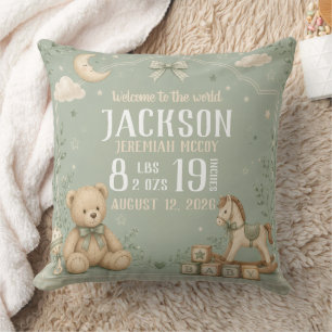 Teddy Bear Sage Green Baby Birth Stats Cushion