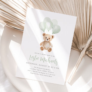 Teddy Bear Sage Green Balloon Baby shower Invitation