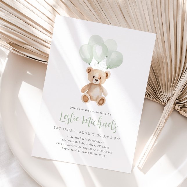 Teddy Bear Sage Green Balloon Baby shower Invitation (Creator Uploaded)