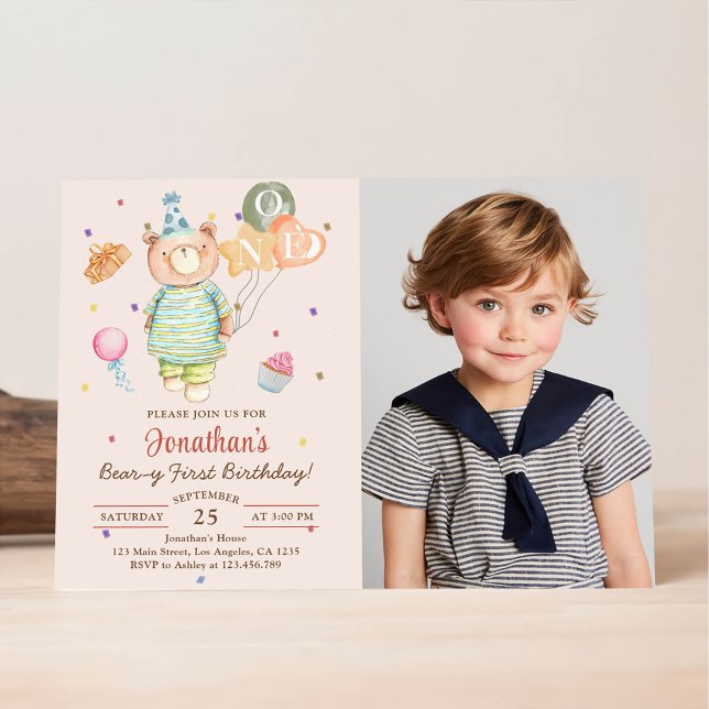 Teddy Bear Sage Green Beary First Birthday Invitation (Creator Uploaded)