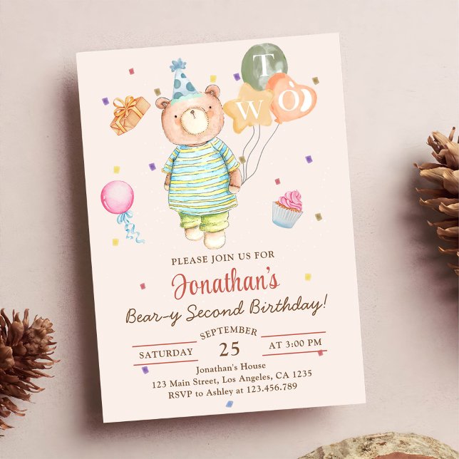 Teddy Bear Sage Green Beary Second Birthday Invitation (Creator Uploaded)