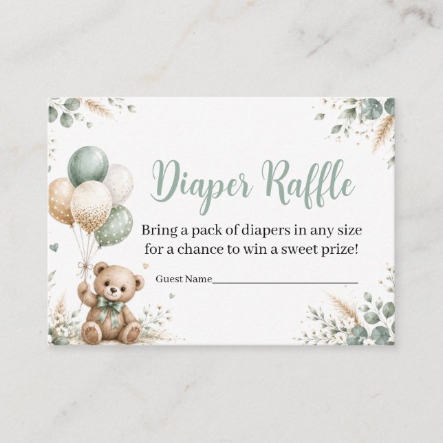 Teddy Bear Sage Green Diaper Raffle Enclosure Card (Front)