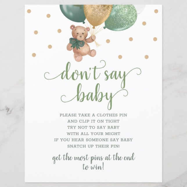 Teddy Bear Sage Green Don't Say Baby Game (Front)