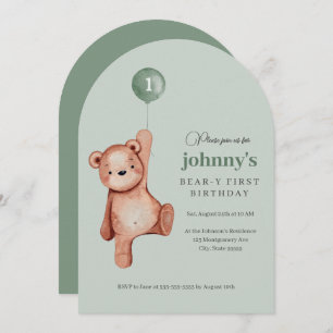 Teddy Bear Sage Green First Birthday Party Invitation