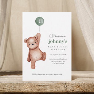 Teddy Bear Sage Green First Birthday Party Invitation