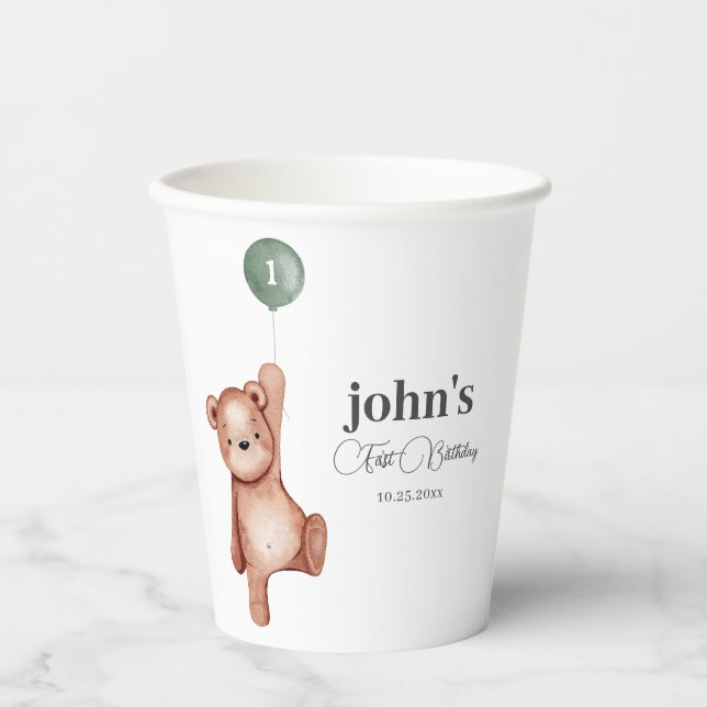 Teddy Bear Sage Green First Birthday Party Paper Cups (Front)