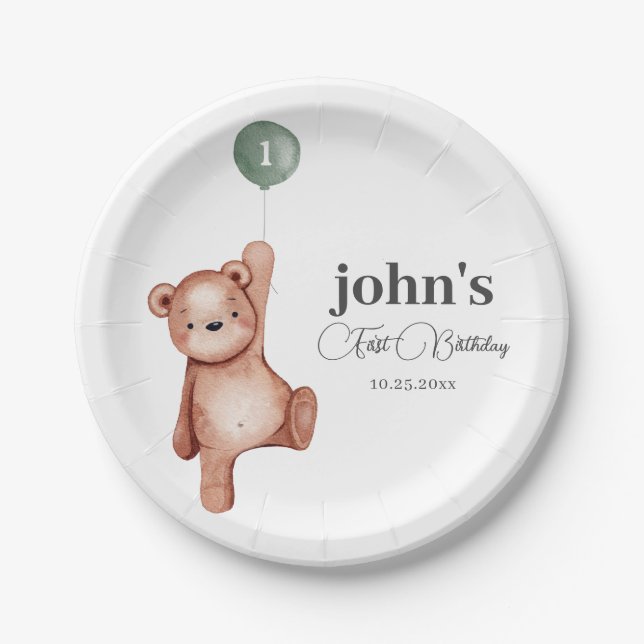 Teddy Bear Sage Green First Birthday Party Paper Plate (Front)