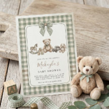 Teddy Bear Sage Green Gingham Bow Baby Shower
