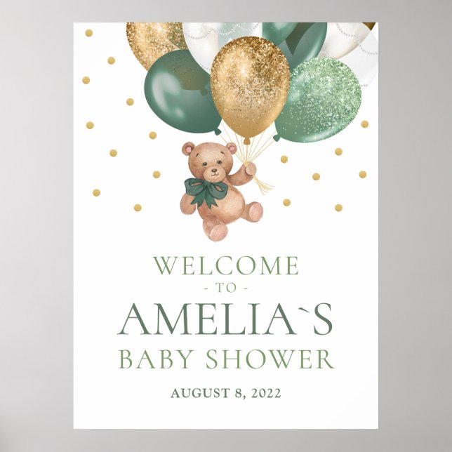 Teddy Bear Sage Green Welcome Baby Shower Poster (Front)