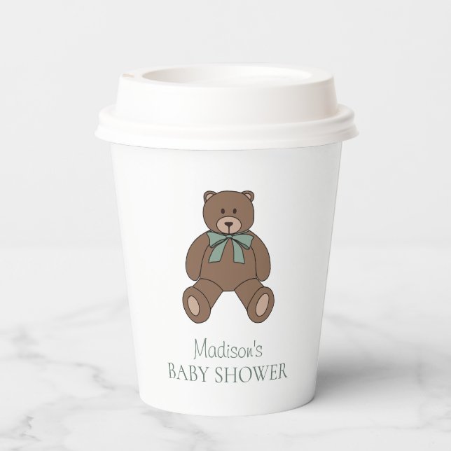 Teddy Bear Sage Green White with Name Baby Shower Paper Cups (Back)