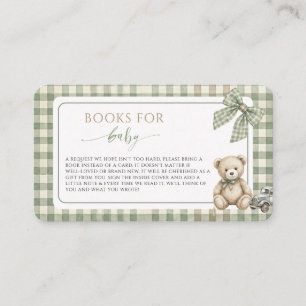 Teddy Bear SageGreen Gingham Books for Baby Shower Enclosure Card