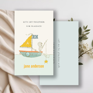 Teddy Bear Sailboat Monogram Kid Playdate Calling Business Card
