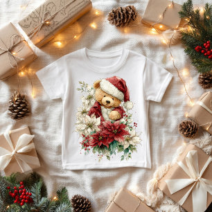 Teddy bear Santa Claus with Christmas flowers Baby T-Shirt