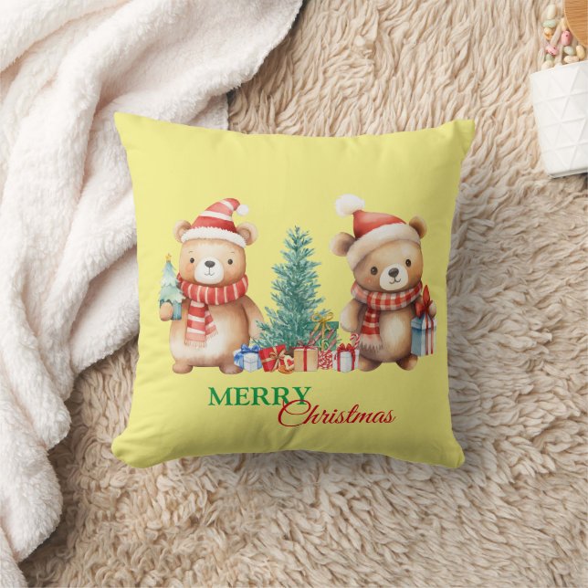 Teddy Bear Santa Red Green Merry Christmas Party  Cushion (Blanket)