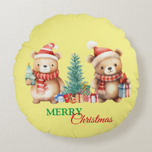 Teddy Bear Santa Red Green Merry Christmas Party Round Cushion