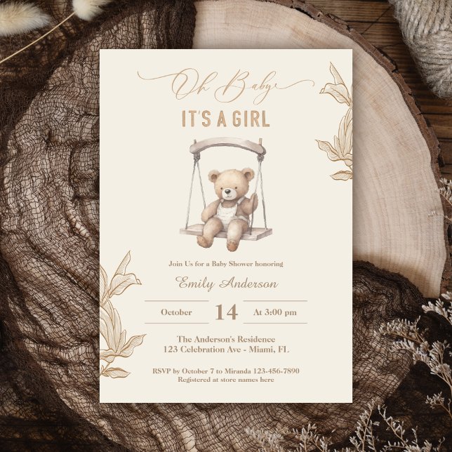 Teddy Bear Script Boho Baby Shower Girl Invitation (Creator Uploaded)