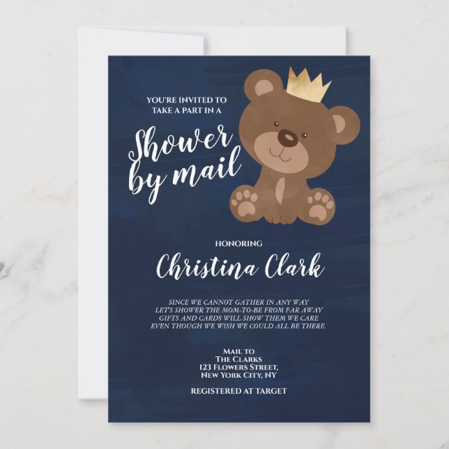 Teddy Bear Shower by Mail Boy Navy Blue Invitation (Front)
