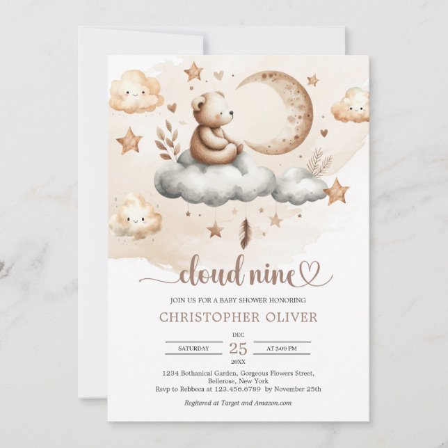 Teddy bear sitting on a cloud neutral colours invitation (Front)