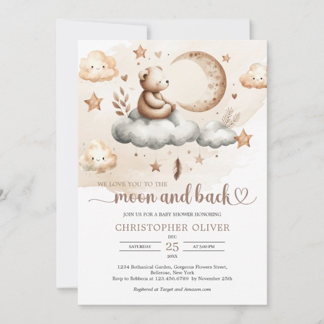 Teddy bear sitting on a cloud neutral colours invitation (Front)