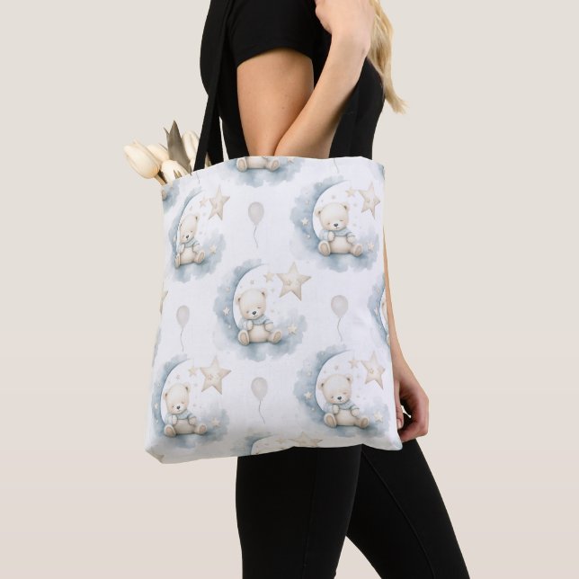 TEDDY BEAR SITTING ON HALF MOON TOTE BAG (Close Up)