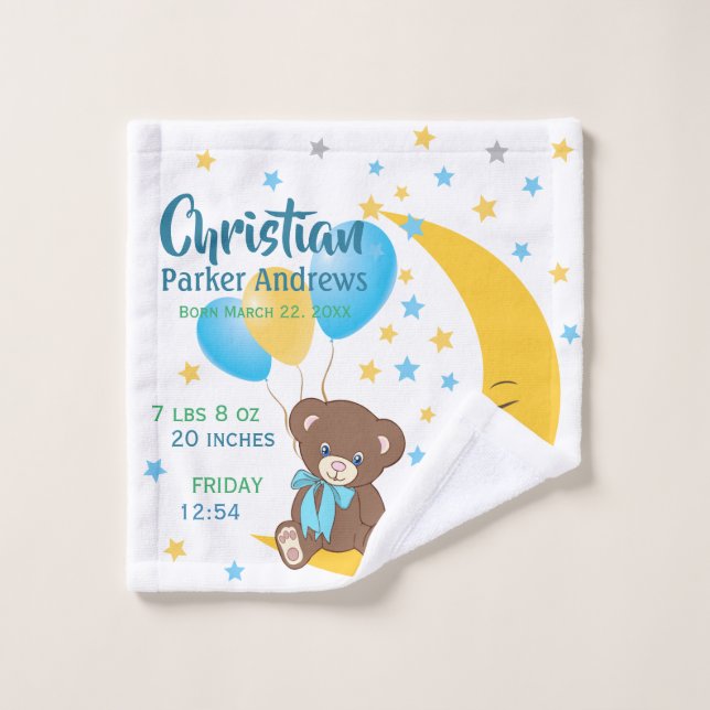 Teddy Bear Sitting on the Moon Baby Birth Stats Bath Towel Set (Wash Cloth)