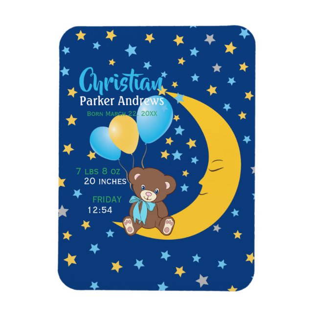 Teddy Bear Sitting on the Moon Baby Birth Stats Magnet (Vertical)