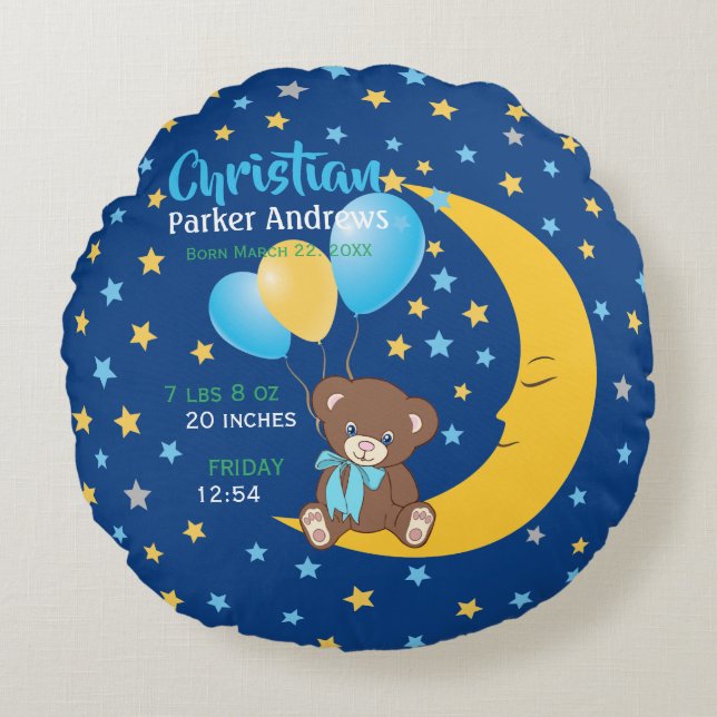 Teddy Bear Sitting on the Moon Baby Birth Stats Round Cushion (Front)