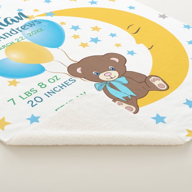 Teddy Bear Sitting on the Moon Baby Birth Stats Sherpa Blanket (3/4)