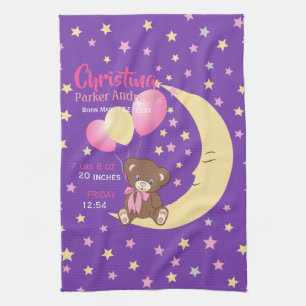 Teddy Bear Sitting on the Moon Baby Birth Stats Tea Towel