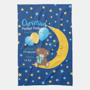 Teddy Bear Sitting on the Moon Baby Birth Stats Tea Towel