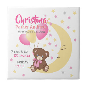 Teddy Bear Sitting on the Moon Baby Birth Stats Tile
