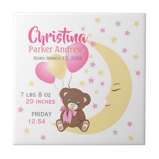 Teddy Bear Sitting on the Moon Baby Birth Stats Tile (Front)