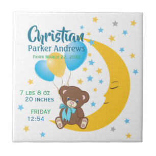 Teddy Bear Sitting on the Moon Baby Birth Stats Tile