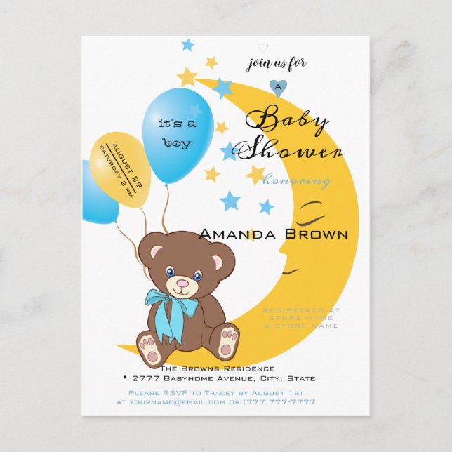 Teddy Bear Sitting on the Moon | Baby Boy Shower Invitation Postcard (Front)