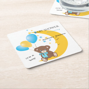 Teddy Bear Sitting on the Moon   Baby Boy Shower Square Paper Coaster